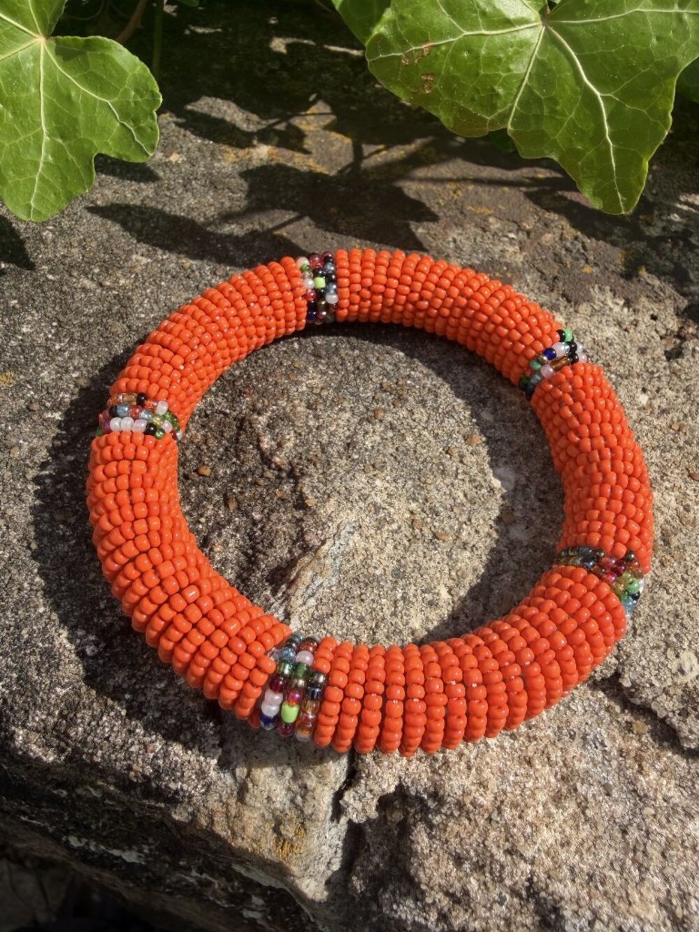 African Seed Bead Chunky Bangle Orange Multicolor Tribal Boho Bracelet